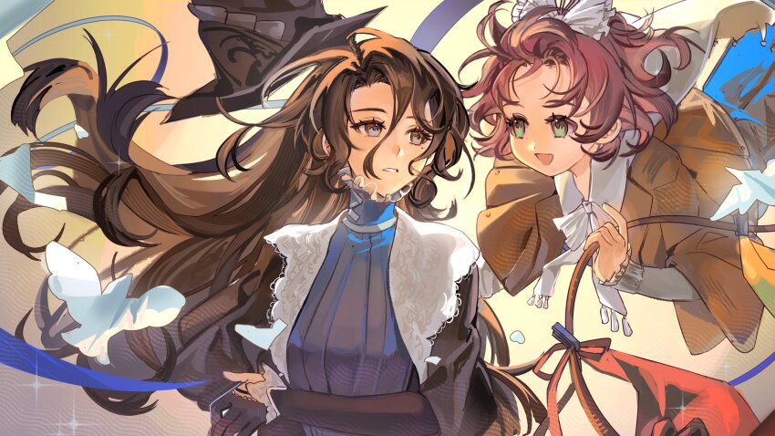 2girls :d absurdres arm_under_breasts bangs_blown_up black_cape black_gloves black_hair black_hat blue_dress blue_eyes bow bowtie brown_hair brown_jacket cape dress floating floating_hair flutterpage gloves hair_bow hat high_collar highres holding holding_rope jacket keri_ryou long_hair looking_at_another looking_to_the_side mole mole_under_eye multiple_girls open_mouth parted_lips partially_fingerless_gloves reverse:1999 rope smile unworn_hat unworn_headwear upper_body very_long_hair white_bow white_bowtie white_cape willow_(reverse:1999) witch_hat