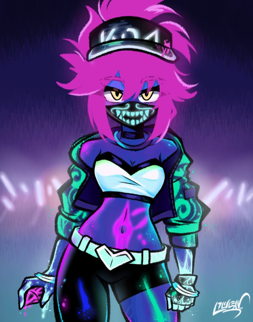 1girl akali akali_(cosplay) asymmetrical_clothes bandeau belt black_pants blue_skin bracelet breasts choker cleavage colored_skin commentary contrapposto cosplay cropped_jacket english_commentary fingerless_gloves genshin_impact gloves glowstick highres jewelry k/da_(league_of_legends) k/da_akali koonowen kuki_shinobu league_of_legends mask medium_breasts midriff mouth_mask navel paint_on_clothes pants pink_hair signature single_fingerless_glove single_pantsleg solo visor_cap white_bandeau white_belt yellow_eyes