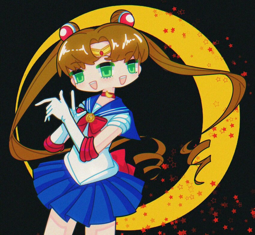 1girl bishoujo_senshi_sailor_moon black_background blue_sailor_collar blue_skirt bow bowtie brown_hair choker circlet cosplay cowboy_shot crescent curtained_hair elbow_gloves extra_eyes gloves green_eyes hair_ornament highres ikigusare long_hair looking_at_viewer multiple_faces extra_mouth open_mouth pleated_skirt procreate_(medium) red_bow red_bowtie red_choker ringlets sailor_collar sailor_moon sailor_moon_(cosplay) sangou_(ikigusare) shirt short_sleeves skirt smile solo standing star_(symbol) star_symbol_background tongtong_(tongtong060105) twintails very_long_hair white_gloves white_shirt