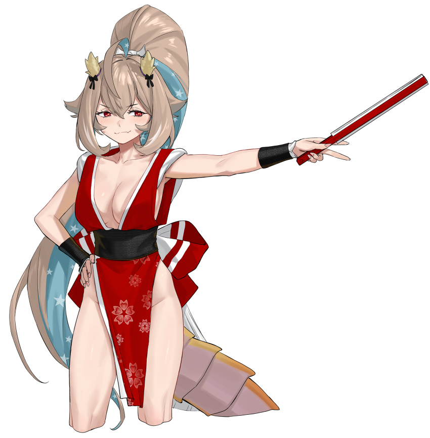1girl agemmata ahoge black_bow black_sash blonde_hair blue_hair bow breasts center_opening collarbone colored_inner_hair cosplay cropped_legs dragon_girl dragon_horns fang fingernails folded_fan folding_fan hair_between_eyes hand_fan hand_on_own_hip hand_up high_ponytail highres holding holding_fan horn_bow horn_ornament horns huge_ahoge japanese_clothes kimono long_hair medium_breasts multicolored_hair ninja no_panties obi pelvic_curtain phase_connect ponytail red_eyes red_kimono revealing_clothes rope sash shimenawa shiranui_mai shiranui_mai_(cosplay) sidelocks simple_background skin_fang smug solo solo_focus standing star_(symbol) starry_hair utatane_nasa very_long_hair virtual_youtuber white_background wristband