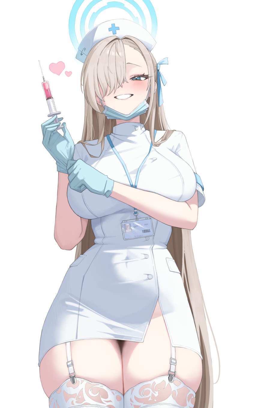 1girl absurdres asuna_(blue_archive) blonde_hair blue_archive blue_halo breast_press breasts cowboy_shot dori_(choejeongmin7) garter_straps grin halo hat highres large_breasts nurse nurse_cap simple_background smile solo teeth thick_thighs thighhighs thighs white_background white_garter_straps white_thighhighs