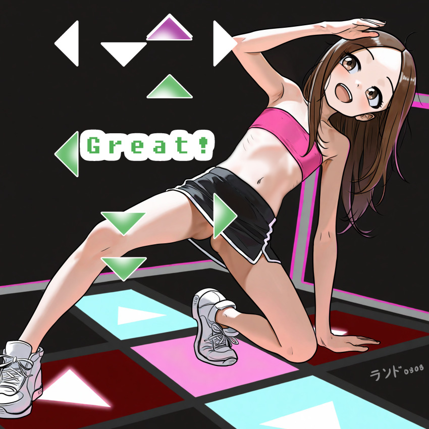 absurdres arcade armpits bemani brown_eyes brown_hair dance_dance_revolution exhibitionism flat_chest highres karakai_jouzu_no_takagi-san lander0808 loli miniskirt no_panties public_indecency shoes skirt strapless takagi-san tube_top