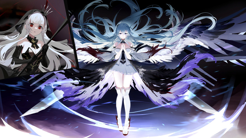 2girls angel_wings azur_lane bare_shoulders black_dress black_gloves black_wings blue_eyes blue_hair boots braid breasts burnt_clothes cape chain cleavage closed_mouth crown detached_sleeves dress feathered_wings floating floating_hair full_body gloves hair_ornament hands_up high_heel_boots high_heels highres large_breasts oversized_wings long_hair military_vehicle miniskirt multiple_girls multiple_wings non-web_source official_art own_hands_clasped own_hands_together pleated_skirt queen_elizabeth_(meta)_(azur_lane) red_eyes red_footwear ribbon rigging rodney_(azur_lane) rodney_(meta)_(azur_lane) serious ship ship_turret shoes skirt standing strapless strapless_dress thigh_boots thighhighs torn_clothes very_long_hair warship watercraft white_footwear white_hair white_skirt wide_shot wings zettai_ryouiki