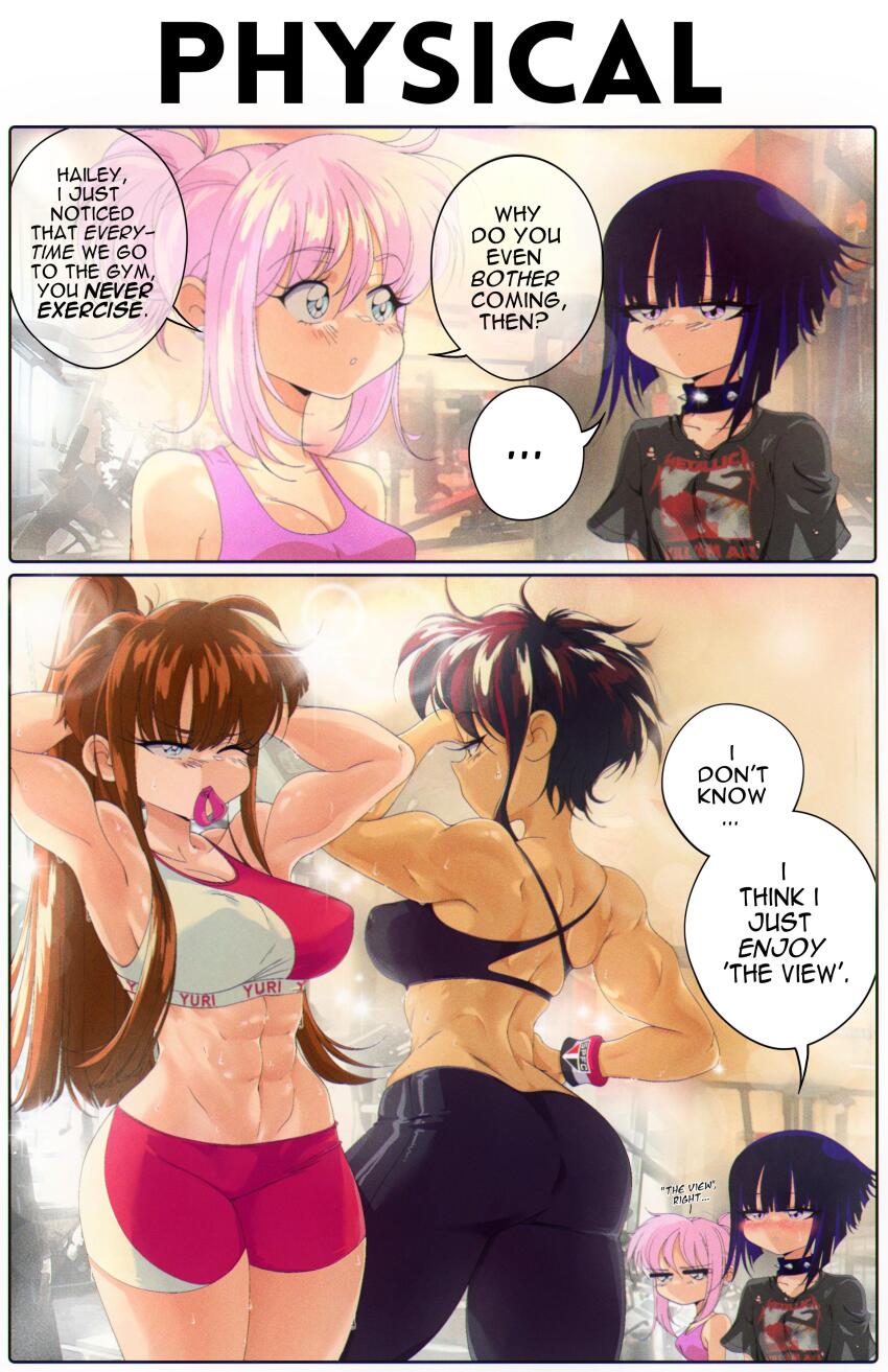 ... 2koma 4girls abs absurdres aqua_eyes armpits ass back bad_id bad_reddit_id band_shirt biceps black_choker black_hair blunt_ends breasts brown_hair choker clothes_writing comic covered_erect_nipples cowboy_shot english_text grs- hailey_(grs-) highres large_breasts long_hair merchandise metallica mouth_hold multiple_girls muscular muscular_female navel one_eye_closed original pink_hair ponytail print_shirt print_sports_bra profile purple_eyes purple_tank_top red_hair red_shorts sharon_(grs-) shirt shorts speech_bubble spiked_choker spikes spoken_ellipsis sweat tank_top underwear_writing yuri