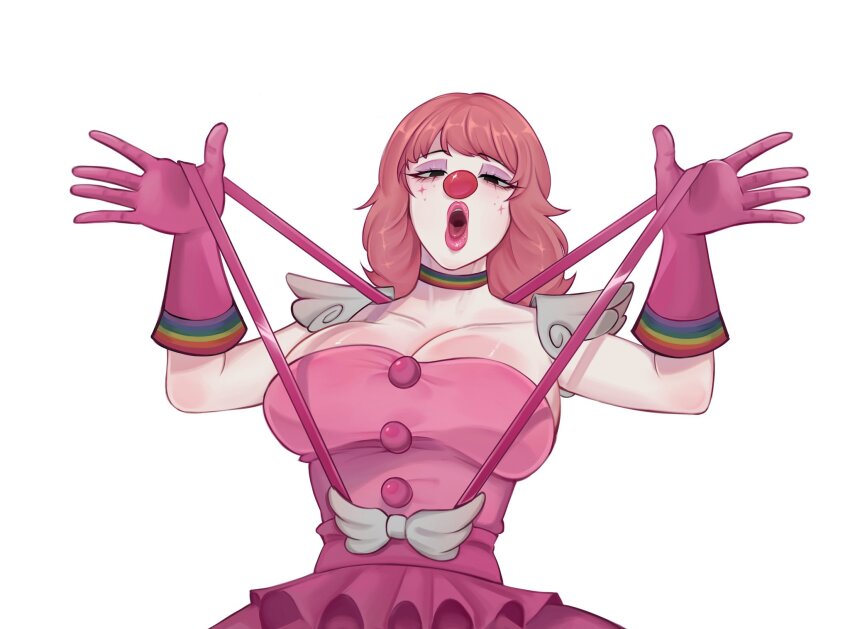 1girl ace_attorney bicmac breasts clown clown_nose commentary dress geiru_toneido gloves half-closed_eyes highres large_breasts looking_at_viewer makeup narrowed_eyes open_hands open_mouth phoenix_wright:_ace_attorney_-_spirit_of_justice pink_dress pink_gloves pink_hair rainbow_choker rainbow_print solo spread_fingers suspenders suspenders_pull symbol-only_commentary wing-shaped_bow