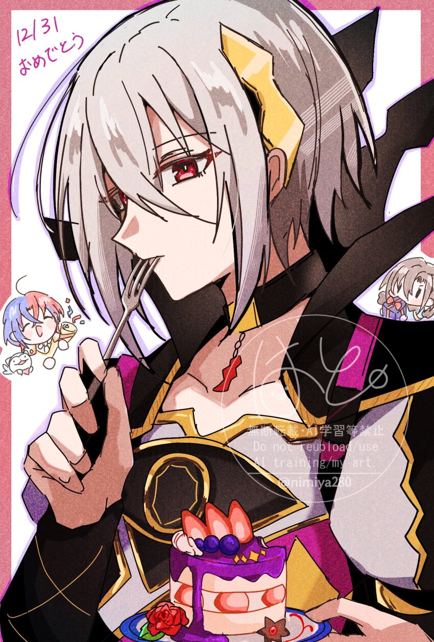 1girl 1other 2boys alear_(male)_(fire_emblem) armored_collar asymmetrical_clothes black_hair blue_hair cake dated fire_emblem fire_emblem_engage food fork highres holding holding_cake holding_food holding_fork multicolored_hair multiple_boys nel_(fire_emblem) nimiya280 nintendo rafal_(fire_emblem) red_hair siblings sommie_(fire_emblem) split-color_hair white_hair