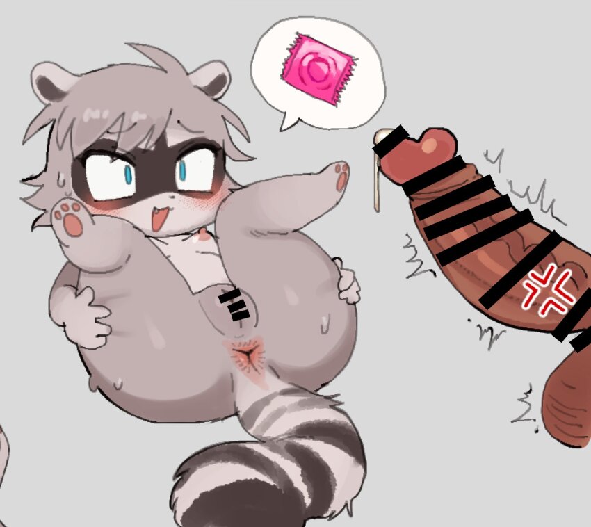 1boy 1girl animal_ears anus ass batrobin_k blue_eyes condom condom_wrapper domino_mask fang furry furry_female grey_background highres mask original pawpads pussy raccoon raccoon_ears raccoon_girl raccoon_tail short_hair simple_background spread_legs tail