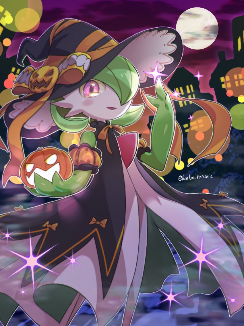 artist_name bob_cut bow clothed_pokemon colored_skin dress food full_moon gardevoir gardevoir_(halloween) gen_3_pokemon green_hair green_skin hair_over_one_eye halloween hat hat_bow highres holding holding_food holding_pumpkin holding_vegetable looking_at_viewer moon multicolored_skin nintendo orange_bow pink_eyes pokemon pokemon_(creature) pokemon_cafe_remix pumpkin runachikku sparkle two-tone_skin vegetable white_dress white_skin witch_hat