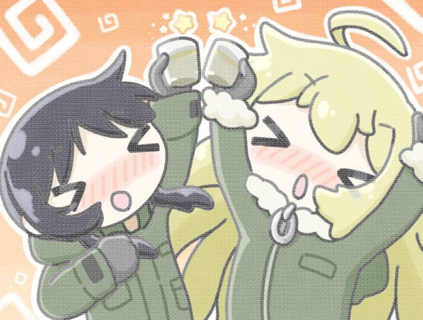 &gt;_&lt; 2girls :o absurdres ahoge alcohol black_hair blonde_hair blush chito_(shoujo_shuumatsu_ryokou) coat cup drinking_glass drunk gloves green_coat highres huge_filesize multiple_girls open_mouth orange_background shoujo_shuumatsu_ryokou spiral star_(symbol) user_rxgx4855 yuuri_(shoujo_shuumatsu_ryokou)