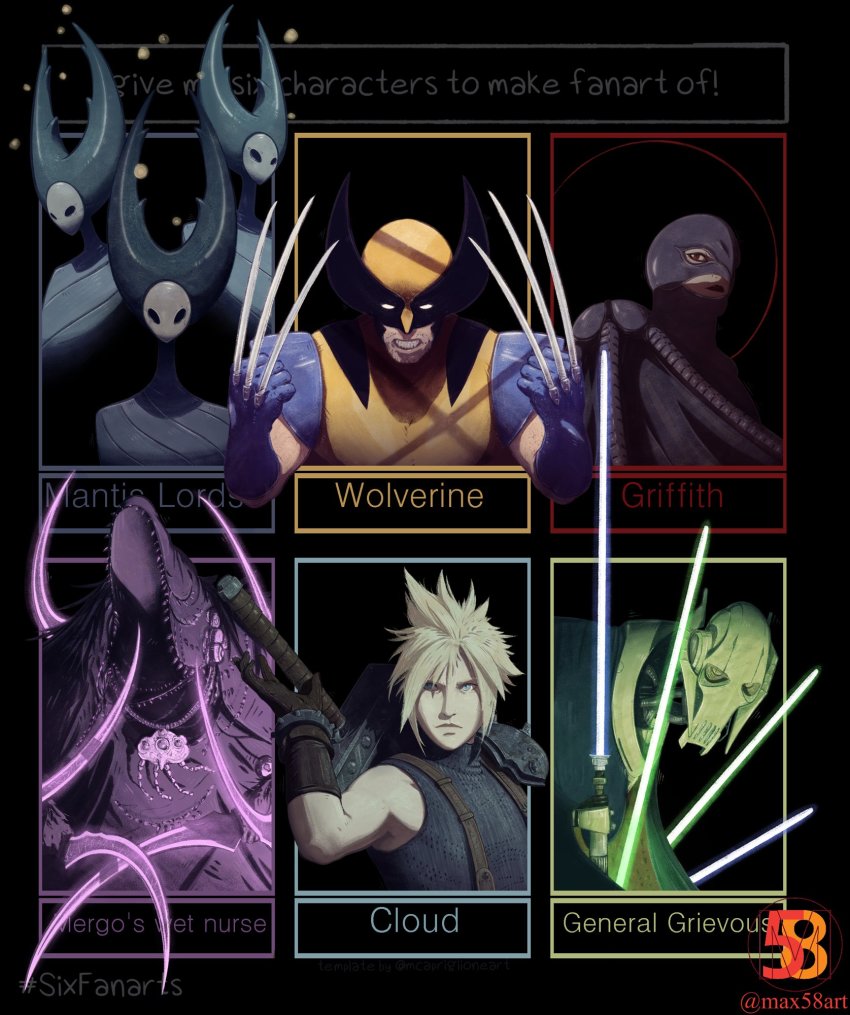 4boys 4others android armor berserk black_border blonde_hair bloodborne blue_eyes blue_gloves border brown_gloves character_name clenched_teeth closed_mouth cloud_strife count_dooku dagger energy_sword english_text facial_hair femto_(berserk) final_fantasy final_fantasy_vii general_grievous gloves griffith_(berserk) hand_up helmet highres holding holding_dagger holding_knife holding_sword holding_weapon hollow_eyes hollow_knight hood hood_up horns humanoid_robot knife lightsaber lipstick looking_at_viewer makeup male_focus mantis_lord_(hollow_knight) marvel mask max58art mergo&#039;s_wet_nurse multiple_boys multiple_drawing_challenge multiple_others no_humans pauldrons purple_theme red_eyes robot shoulder_armor single_pauldron six_fanarts_challenge solo spiked_hair spiked_horns star_wars stubble sword teeth upper_body weapon wings wolverine_(x-men) x-men