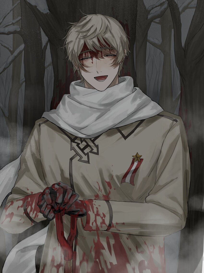 1boy axis_powers_hetalia benishake8 black_gloves blonde_hair blood blood_on_clothes blood_on_face blood_on_gloves blush branch closed_eyes coat forest gloves grey_sky hair_between_eyes highres holding holding_shovel implied_murder long_sleeves male_focus medal nature night open_mouth outdoors russia_(hetalia) scarf short_hair shovel sky smile solo star_ornament teeth tree upper_body white_coat white_scarf winter