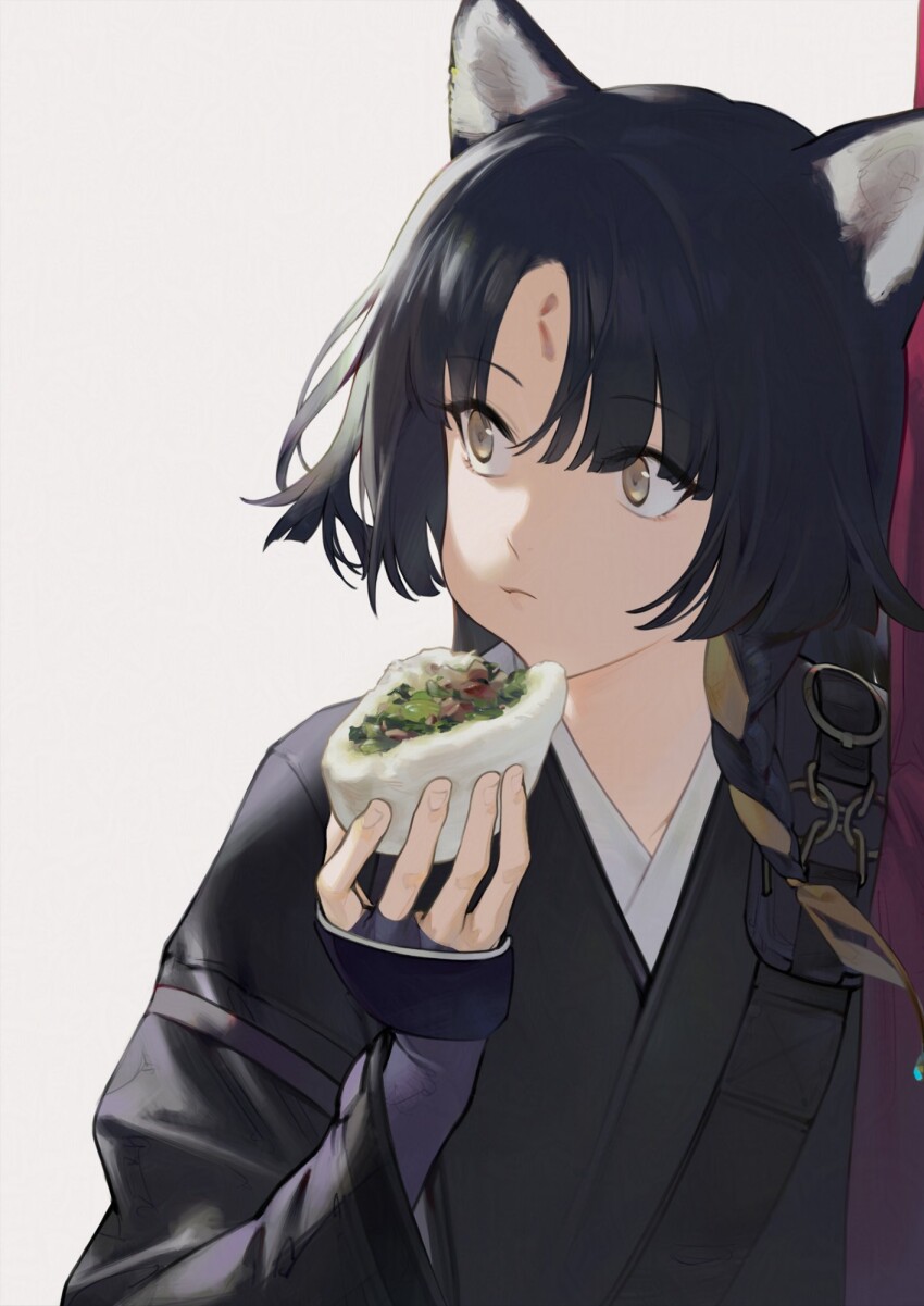 1girl animal_ear_fluff animal_ears arknights black_hair black_kimono brown_eyes dog_ears duoyuanjun eating facial_mark food forehead_mark highres holding holding_food japanese_clothes kimono long_hair long_sleeves looking_to_the_side parted_bangs saga_(arknights) simple_background solo upper_body white_background wide_sleeves