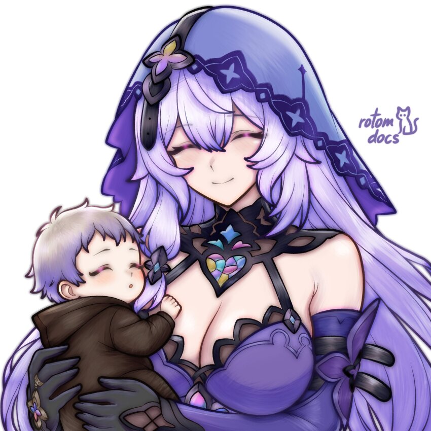 1girl artist_name baby black_gloves black_hair black_swan_(honkai:_star_rail) breasts cleavage closed_eyes detached_sleeves gloves headdress highres honkai:_star_rail honkai_(series) medium_breasts purple_hair rotomdocs simple_background smile upper_body white_background