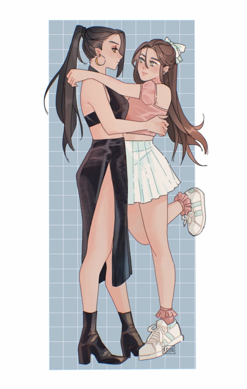 2girls absurdres arms_around_neck bare_legs bare_shoulders bbybluemochi black_footwear black_hair black_shirt black_skirt blue_background blush border bow breasts brown_eyes brown_hair casual chromatic_aberration commentary contemporary dress earrings english_commentary eye_contact eyeshadow frilled_sleeves frilled_socks frills from_side genderswap genderswap_(mtf) green_eyes grid_background hair_behind_ear hair_between_eyes hair_bow hair_ribbon he_xuan high-waist_skirt high_heels high_ponytail highres hoop_earrings hug imminent_kiss jewelry large_breasts long_hair looking_at_another makeup midriff ming_yi miniskirt multiple_girls pink_shirt pleated_skirt ponytail ribbon shirt shoes side_slit single_sidelock skirt smile sneakers socks standing standing_on_one_leg stud_earrings tianguan_cifu torso_grab white_border white_bow white_footwear white_skirt xie_lian yellow_eyes yuri