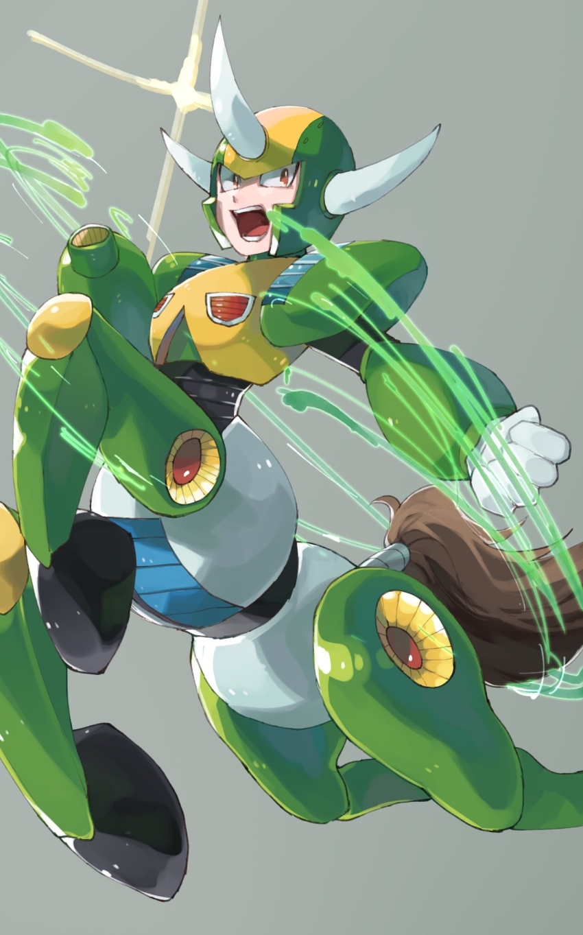 1boy android arm_cannon armor breastplate centaur centaur_man chikichi clenched_hand cyborg energy gloves green_headwear grey_background hand_up helmet highres horns jpeg_artifacts jumping looking_to_the_side male_focus mega_man_(classic) mega_man_(series) mega_man_6 open_mouth red_eyes shoulder_armor simple_background solo taur teeth vambraces weapon white_gloves