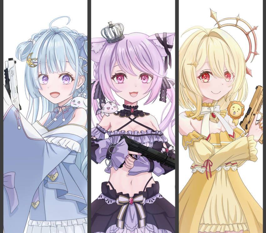 3girls :3 :d ahoge amaui animal animal_ears animal_on_shoulder black_bow black_collar black_ribbon black_skirt black_sleeves black_tube_top blonde_hair blue_bow blue_hair blue_kimono blunt_bangs blush bow bow_skirt bowtie braid breasts cat_ears cleavage closed_mouth collar column_lineup commentary_request cowboy_shot crescent crescent_hair_ornament criss-cross_halter crown crown_braid detached_collar detached_sleeves dress ear_ribbon fang frilled_collar frilled_dress frilled_kimono frilled_sleeves frilled_tube_top frills gun h&amp;k_hk45 hair_between_eyes hair_bow hair_intakes hair_ornament halo halterneck handgun highres hinata_mashu holding holding_gun holding_weapon ina_uruu japanese_clothes kimono large_breasts long_hair long_sleeves looking_at_viewer low_twintails medium_breasts midriff mini_crown multiple_girls nanashi_inc. natsuki_aya navel neck_ribbon off-shoulder_dress off_shoulder open_mouth orange_eyes pink_eyes pink_hair pink_ribbon purple_eyes rabbit red_ribbon ribbon short_hair side_braid simple_background skirt sleeve_ribbon smile smith_&amp;_wesson_m&amp;p45 strapless suppressor tube_top twintails two-tone_bow virtual_youtuber weapon white_background white_bow white_bowtie wide_sleeves yellow_collar yellow_dress