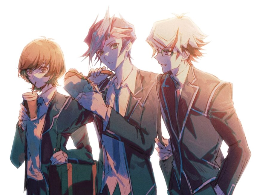 3boys bag black_hair black_jacket black_pants blue_eyes blue_hair blue_necktie brown_hair chinese_commentary collared_shirt commentary_request cup drink drinking drinking_straw drinking_straw_in_mouth expressionless food fujiki_yusaku glasses green-framed_eyewear green_eyes grin hand_up hands_up highres holding holding_cup holding_drink holding_food homura_takeru jacket leaning_forward lettuce long_sleeves male_focus multicolored_hair multiple_boys naoki_(2rzmcaizerails6) necktie open_clothes open_jacket pants parted_lips pink_hair red_necktie sandwich school_bag school_uniform semi-rimless_eyewear shirt short_hair simple_background smile streaked_hair sweater_vest upper_body walking white_background white_shirt yu-gi-oh! yu-gi-oh!_vrains zaizen_aoi