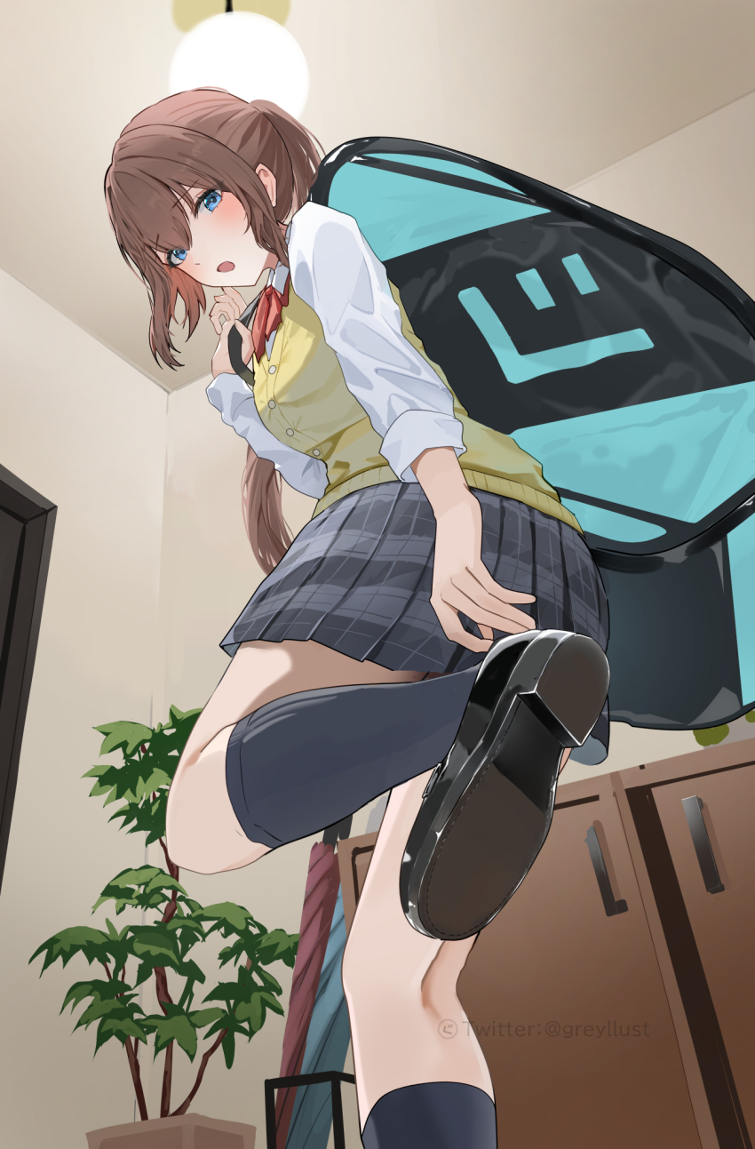 1girl bag black_shoes blue_eyes bow bowtie brown_hair cabinet closed_umbrella commentary_request door foot_out_of_frame from_below grey_skirt grey_socks guree_(haiiro) hanging_light highres indoors kneehighs loafers long_hair long_sleeves looking_at_viewer miniskirt open_mouth original plaid_clothes plaid_skirt plant pleated_skirt ponytail potted_plant putting_on_footwear red_bow red_bowtie school_uniform shirt shoes skirt socks solo sweater_vest twitter_username umbrella umbrella_stand white_shirt yellow_sweater_vest