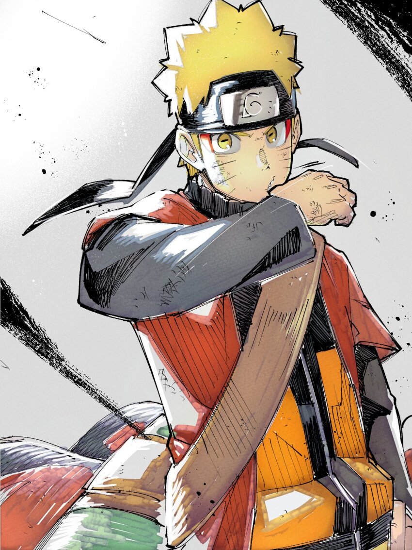 1boy black_jacket blonde_hair check_commentary coat commentary_request eyeshadow facial_mark forehead_mark highres horizontal_pupils jacket looking_at_viewer makeup male_focus multicolored_jacket naruto_(series) naruto_shippuuden orange_jacket red_coat red_eyeshadow sennin_mode short_sleeves solo takeuchi_(a3) two-tone_jacket upper_body uzumaki_naruto whisker_markings white_background yellow_eyes