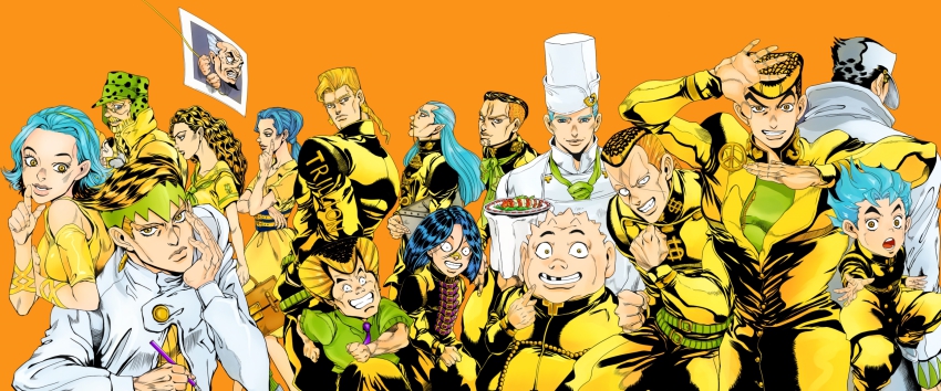 3girls 6+boys bad_id bad_pixiv_id fungami_yuya gakuran grin hazamada_toshikazu hazekura_mikitaka higashikata_josuke highres hirose_koichi jack-ddd-no13 jojo_no_kimyou_na_bouken joseph_joestar joseph_joestar_(old) kawajiri_hayato kira_yoshihiro kishibe_rohan kobayashi_tamami kuujou_joutarou multiple_boys multiple_girls nijimura_keicho nijimura_okuyasu official_style orange_background pompadour school_uniform serafuku shizuka_joestar simple_background smile sugimoto_reimi tonio_trussardi tsuji_aya yamagishi_yukako yangu_shigekiyo
