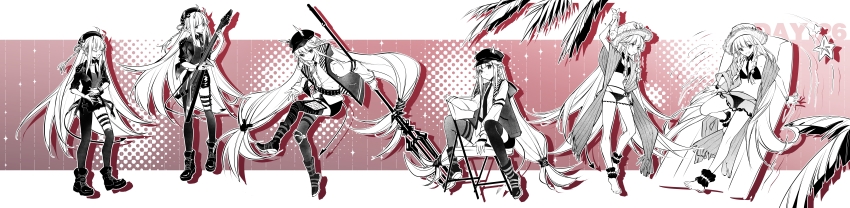 1girl :d absurdly_long_hair absurdres animal ankle_cuffs arknights arm_up asymmetrical_legwear bikini boots chair closed_eyes collarbone demon_tail electric_guitar fish folding_chair fuanding fy_fei_xiao_ya gradient_background guitar hat highres holding holding_animal holding_fish holding_instrument holding_polearm holding_weapon horns inflatable_raft instrument knee_pads long_hair long_image looking_at_viewer low_twintails miniskirt open_mouth palm_leaf patterned_background pointy_ears polearm red_background ripples see-through_clothes see-through_skirt shirt simple_background single_knee_pad sitting skirt smile standing starfish straw_hat studded swimsuit tail thigh_strap thighhighs twintails very_long_hair vigna_(arknights) vigna_(black_wave)_(arknights) vigna_(casual_vacation)_(arknights) weapon white_background wide_image