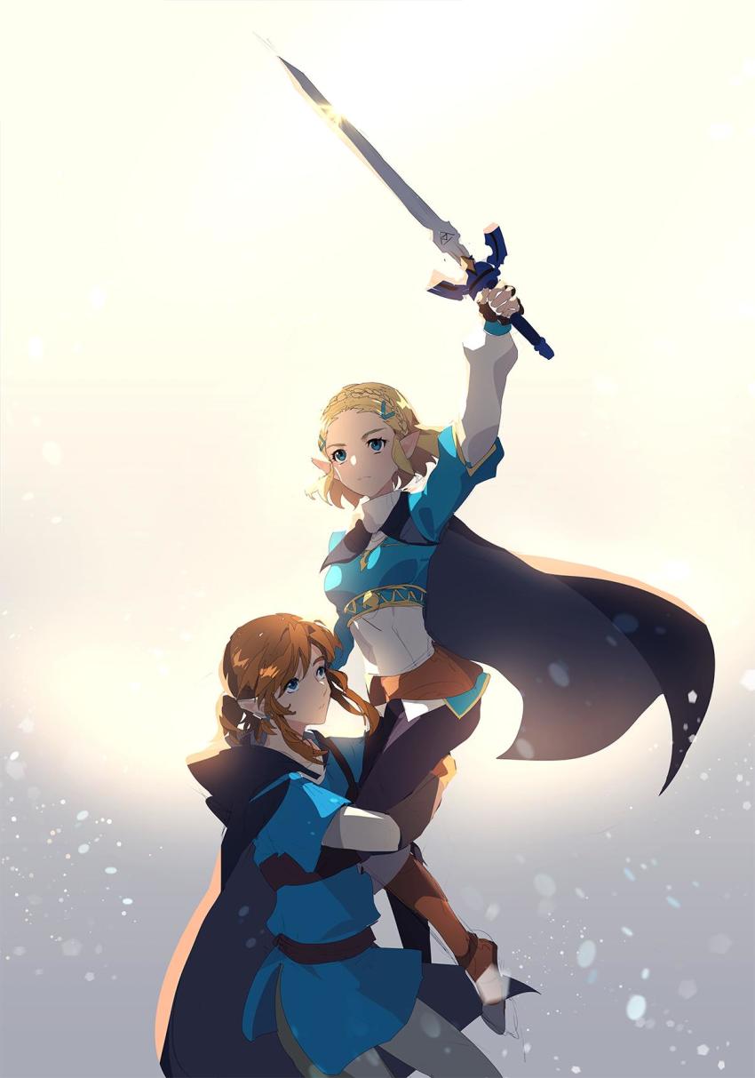 1boy 1girl arm_up backlighting belt black_cape black_gloves black_pants blonde_hair blue_eyes blue_shirt boots braid breasts brown_footwear brown_hair cape carrying closed_mouth commentary_request crown_braid earrings fingerless_gloves forehead full_body gloves gradient_background grey_pants hair_ornament hairclip highres holding holding_sword holding_weapon jewelry knee_boots korean_commentary link long_sleeves looking_up low_ponytail master_sword muse_(rainforest) nintendo pants pointy_ears ponytail princess_zelda puffy_long_sleeves puffy_sleeves serious shirt short_hair short_sleeves sidelocks small_breasts sword the_legend_of_zelda the_legend_of_zelda:_breath_of_the_wild the_legend_of_zelda:_tears_of_the_kingdom underbust weapon