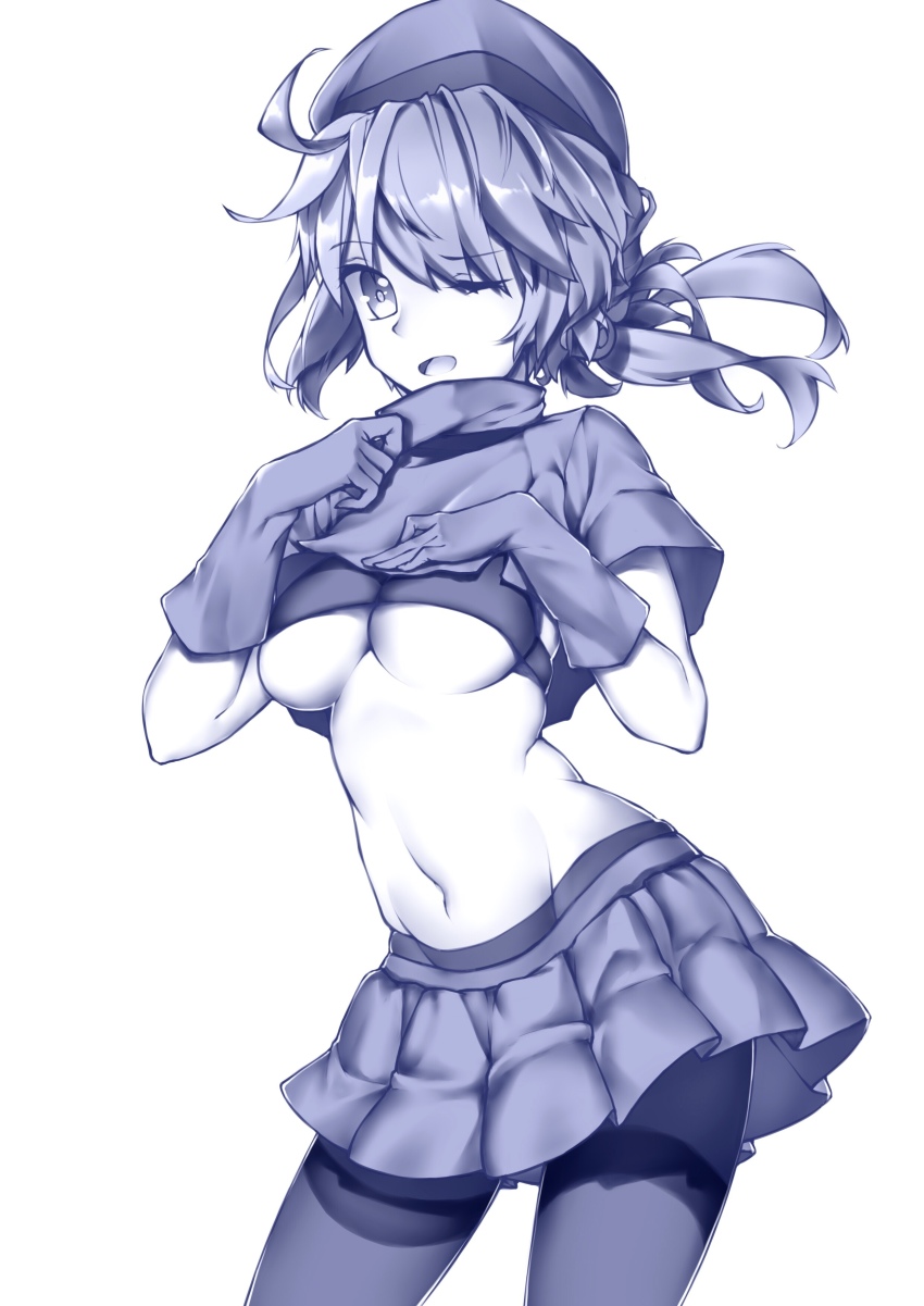 1girl absurdres breasts cyta_celest female_focus gloves hat highres long_hair looking_at_viewer mahan_(warship_girls_r) medium_breasts midriff miniskirt navel one_eye_closed open_mouth pantyhose pleated_skirt skirt solo underboob warship_girls_r white_background