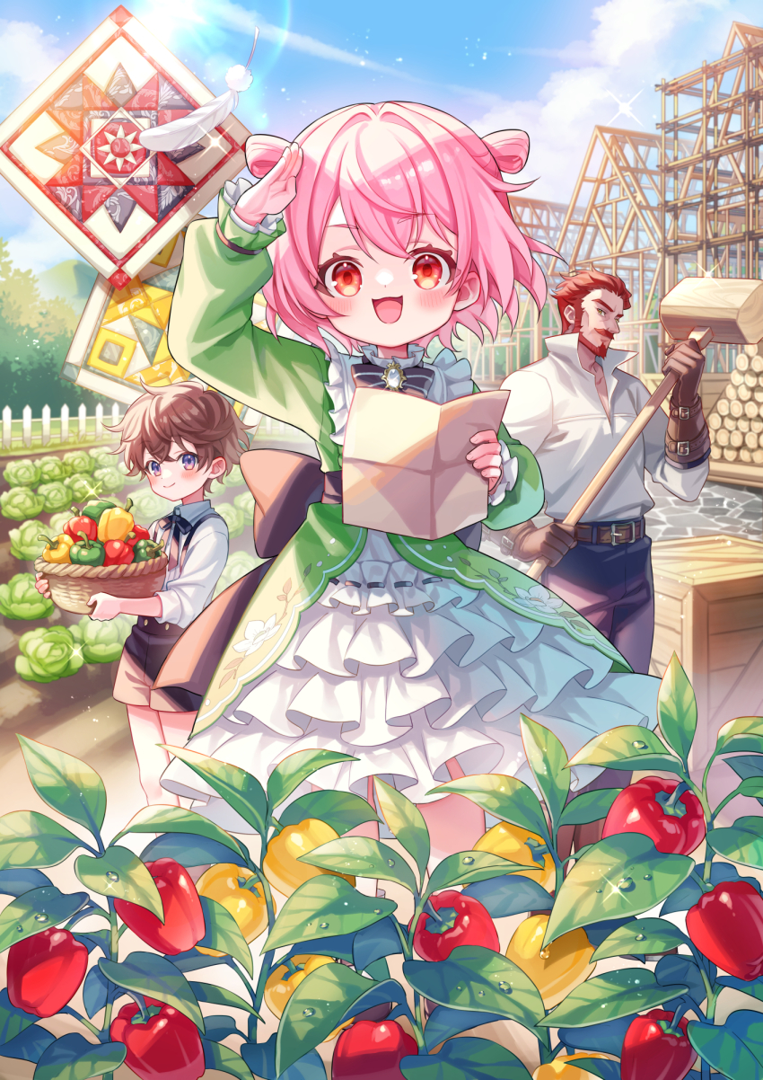 1girl 2boys :d arm_up back_bow basket beard bell_pepper belt black_bow black_bowtie black_ribbon black_shorts blue_eyes blue_pants blush bow bowtie brown_belt brown_bow brown_gloves brown_hair cabbage child closed_mouth collared_shirt commentary_request day dress facial_hair frilled_dress frills garden gloves green_bell_pepper green_dress hammer highres holding holding_basket holding_hammer holding_map long_sleeves map multiple_boys mustache neck_ribbon open_mouth outdoors pants pink_hair red_eyes red_pepper ribbon shirt short_hair shorts smile standing sunlight suzaku_(zaku6584) tensei_arasaa_joshi_no_isekaikatsu white_shirt yellow_pepper