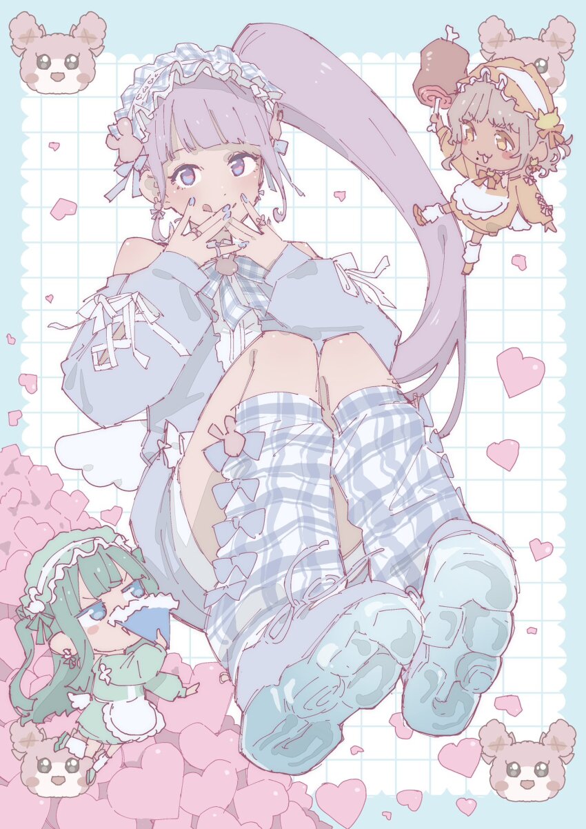 3girls :q alternate_costume blue_background blue_dress blue_eyes blue_footwear blunt_bangs boned_meat brown_hair chibi closed_mouth commentary_request dark-skinned_female dark_skin detached_sleeves dress food full_body green_dress green_hair hands_up heart highres kemura_(puripurinea) knees_up leg_warmers long_hair long_sleeves looking_at_another looking_at_viewer manaka_non meat multiple_girls open_mouth pretty_series pripara purple_eyes purple_hair shoe_soles short_hair side_ponytail sitting smile taiyo_pepper tongue tongue_out tsukikawa_chili two_side_up usacha white_wings wings