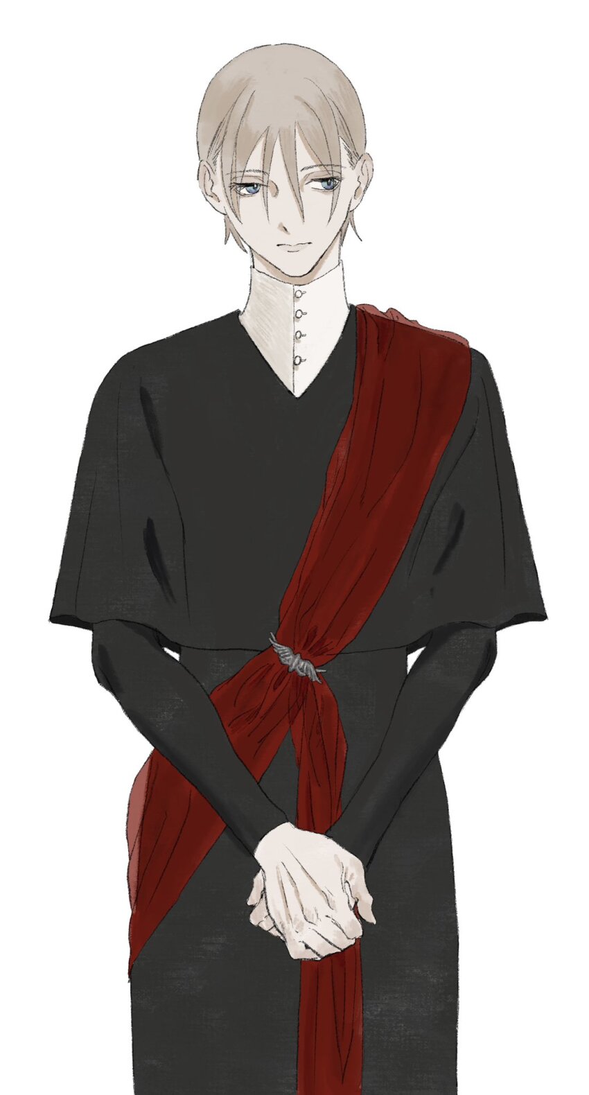 1boy black_robe blonde_hair blue_eyes clerical_collar cowboy_shot gomibako_(gomibako_price) highres long_bangs long_sleeves male_focus original own_hands_together priest red_sash robe sash short_hair simple_background solo white_background