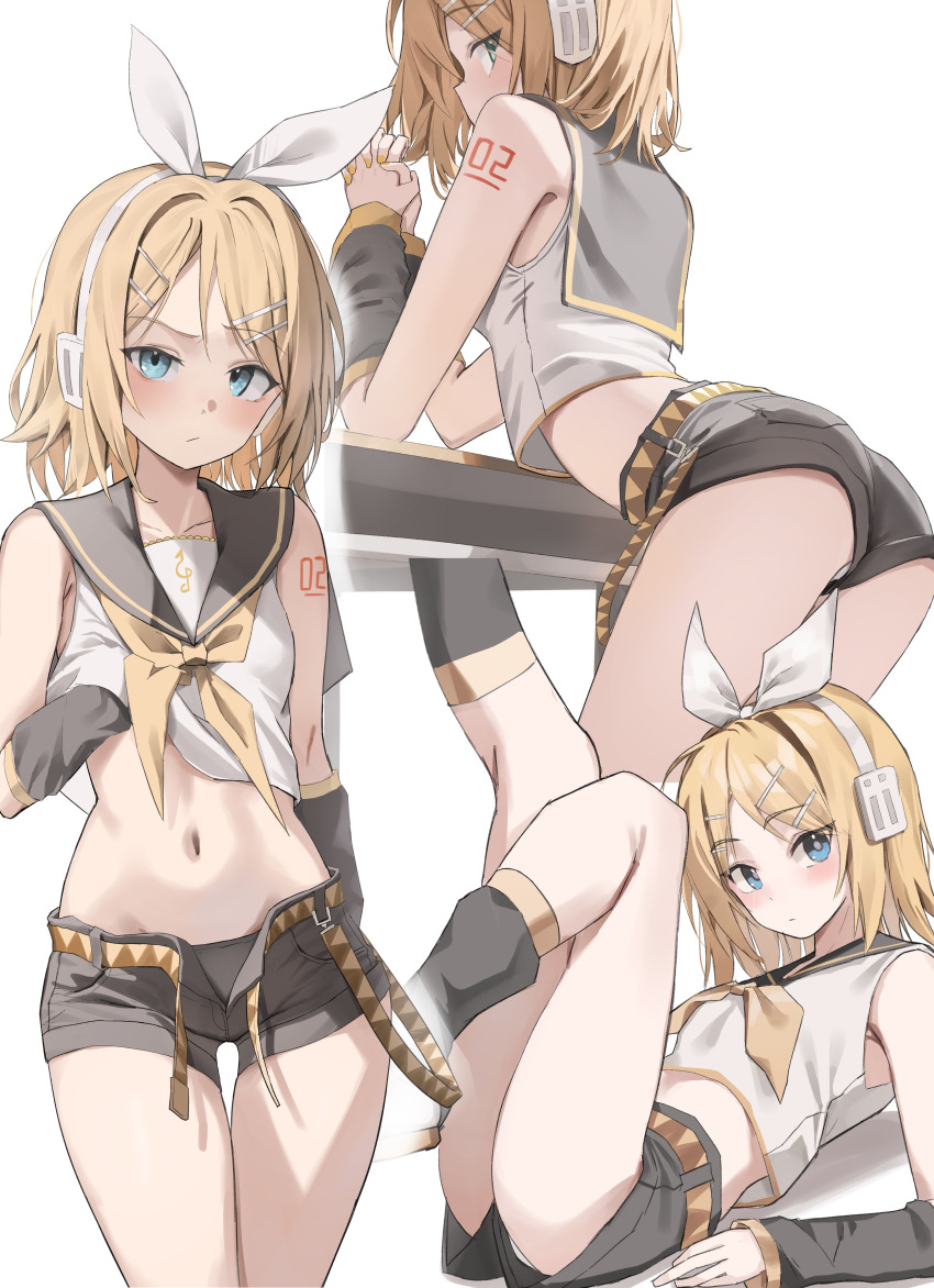1girl absurdres aqua_eyes arm_tattoo arm_warmers ass bare_shoulders bass_clef belt black_leg_warmers black_panties black_sailor_collar black_shorts black_sleeves blonde_hair blue_eyes blush bow breasts closed_mouth clothes_lift crop_top detached_sleeves dot_mouth dot_nose elbow_rest expressionless feet_out_of_frame from_behind hair_bow hair_ornament hairclip hands_up headphones headset highres interlocked_fingers kagamine_rin leaning_forward leg_warmers legs_up lifting_own_clothes looking_at_viewer looking_back lying midriff nail_polish navel neckerchief number_tattoo on_back open_clothes open_shorts own_hands_clasped own_hands_together panties panty_peek pantyshot parallel_hairclips sailor_collar scarlet_(wv0102) school_uniform shirt shirt_lift short_hair shorts simple_background sleeveless sleeveless_shirt solo standing tattoo treble_clef underwear vocaloid white_background white_bow white_panties white_shirt yellow_nails yellow_neckerchief