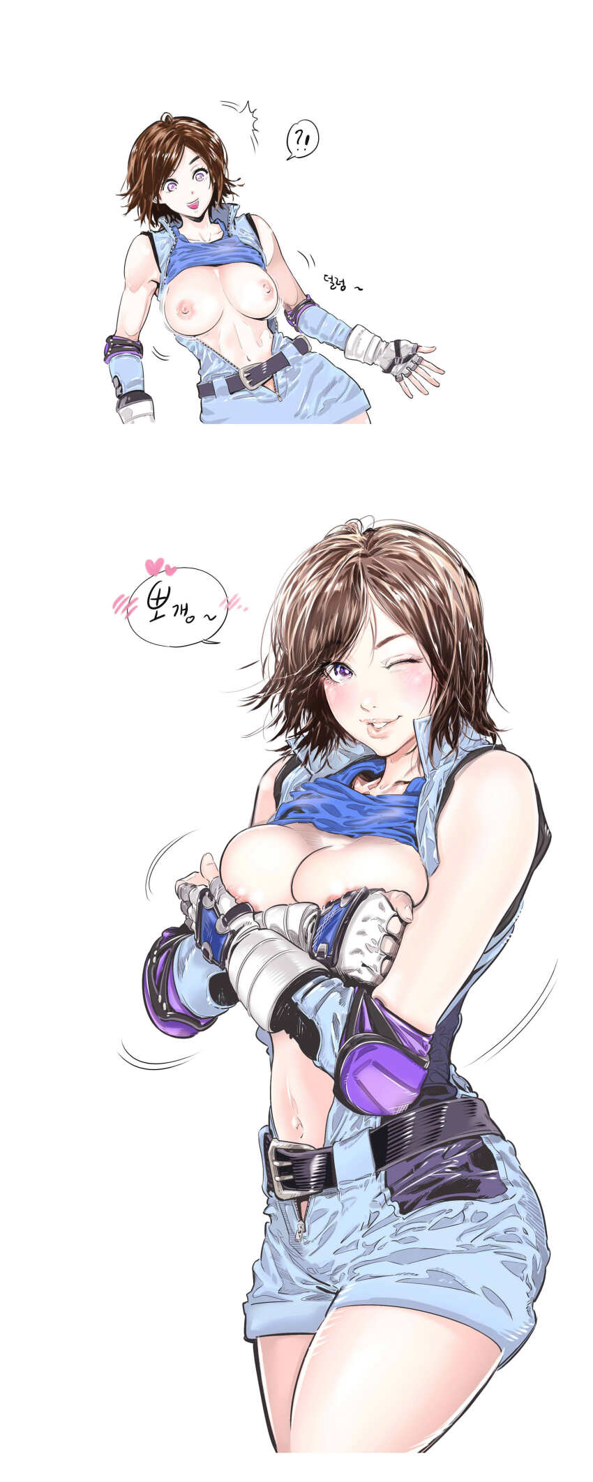 1girl absurdres breasts breasts_out brown_hair highres kazama_asuka large_breasts purple_eyes short_hair tekken wardrobe_malfunction yhmk7448