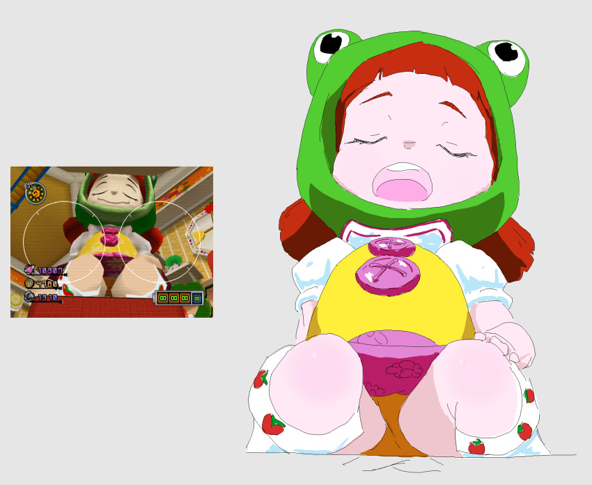 1girl animal_hat artist_request chibi-robo! closed_eyes floral_print flower_print food_print frog frog_hat fruit_print green_hat grey_background hand_on_own_knee hat highres jenny_sanderson kneehighs loli low_twintails nintendo open_mouth orange_panties panties pink_skirt print_skirt print_socks puffy_sleeves red_hair reference_inset shirt short_hair short_sleeves skirt sleeping smile socks strawberry_print teeth twintails underwear upskirt vest white_shirt white_sleeves white_socks yellow_vest