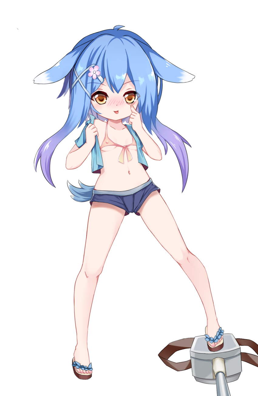 1girl :p animal_ears azur_lane bikini bikini_top_only blue_hair blue_shirt blue_shorts blush breasts brown_eyes covered_erect_nipples crop_top female_focus full_body hair_ornament hairclip highres legs legs_apart long_hair minazuki_(azur_lane) navel open_clothes open_shirt pink_bikini rabbit_ears sandals shirt short_shorts short_sleeves shorts simple_background small_breasts smile solo swimsuit tail the_hermit_(by5100770) toes tongue tongue_out white_background