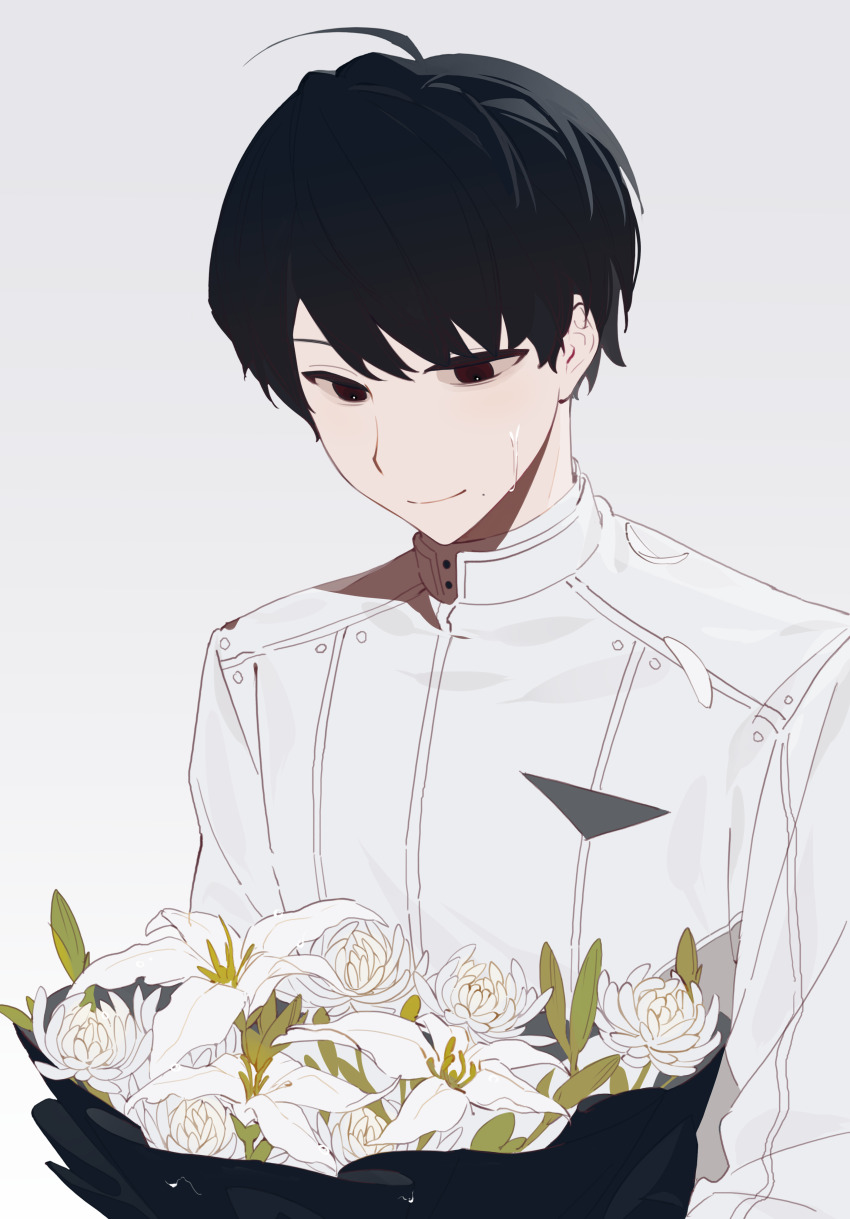 1boy absurdres ahoge black_hair bouquet chinese_commentary commentary_request flower highres holding holding_bouquet kadota_hiromi kamen_rider kamen_rider_revice long_sleeves male_focus mole mole_under_mouth red_eyes shirt short_hair simple_background solo sweat upper_body v0veiling white_background white_footwear white_shirt