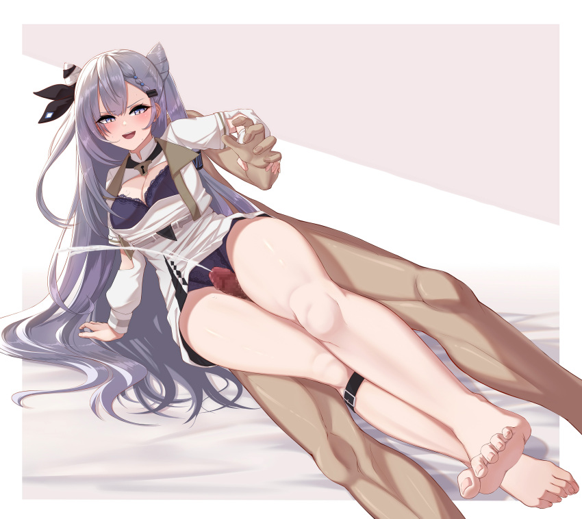 1boy 1girl absurdres barefoot blush bra braid breasts censored cleavage clothed_female_nude_male commentary commission cone_hair_bun cum double_bun dress ejaculation elbow_cutout english_commentary feet grabbing_another&#039;s_arm grey_eyes grey_hair hair_bun hair_ornament hair_ribbon hetero highres hololive hololive_indonesia hui_yu jpeg_artifacts keyhole lace lace-trimmed_bra lace-trimmed_panties lace_trim large_breasts long_hair long_sleeves mosaic_censoring nude open_mouth panties penis projectile_cum purple_bra purple_panties ribbon smile solo_focus sweat thigh_sex thighs toes underwear vestia_zeta vestia_zeta_(1st_costume) virtual_youtuber white_dress