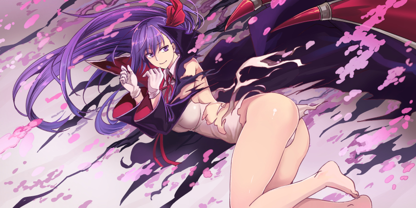 1girl ass barefoot bat_wings bb_(fate) bb_(swimsuit_mooncancer)_(fate) bb_(swimsuit_mooncancer)_(third_ascension)_(fate) black_coat breasts closed_mouth coat fate/grand_order fate_(series) feet female_focus gloves gradient_background hair_ribbon highres jeffrey10 large_breasts legs leotard long_hair long_sleeves looking_at_viewer neck_ribbon open_clothes open_coat petals popped_collar purple_eyes purple_hair red_ribbon ribbon smile solo torn_clothes vampire_costume very_long_hair white_gloves white_leotard wide_sleeves wings