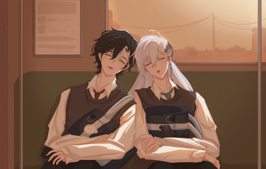 2boys bag black_sweater_vest braid cassian_floros closed_eyes first_stage_production furuinokasa green_necktie highres holding holding_bag long_hair long_sleeves lucien_lunaris multicolored_hair multiple_boys necktie open_mouth red_necktie shirt shoulder_bag sitting sleeping sweater_vest train white_hair white_shirt