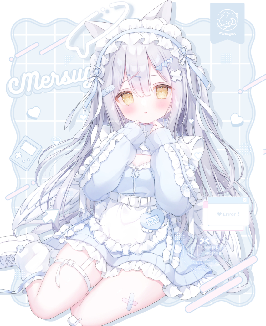 1girl animal_ears apron arrow_(symbol) bandaid bandaid_hair_ornament bandaid_on_leg belt belt_buckle blue_background blue_bandaid blue_hair blue_jacket blue_skirt blue_track_suit blush bow buckle center-flap_bangs cleavage_cutout clothing_cutout collared_jacket commentary_request crossed_bandaids double-parted_bangs error_message frilled_apron frilled_skirt frilled_sleeves frills full_body game_boy gauze_on_knee grid_background hair_ornament handheld_game_console hands_up heart heart_hair_ornament high_collar highres jacket jersey_maid leg_warmers long_hair long_sleeves looking_at_viewer maid maid_apron maid_headdress miniskirt omochi_monaka original parted_lips pink_shoes pixel_heart puffy_long_sleeves puffy_sleeves rabbit_ears rabbit_ornament shoes sitting skirt sneakers solo tenshi_kaiwai thigh_strap track_suit unconventional_maid very_long_hair waist_apron watermark wavy_hair white_apron white_belt white_bow white_leg_warmers window_(computing) x_hair_ornament yellow_eyes yokozuwari zipper zipper_pull_tab