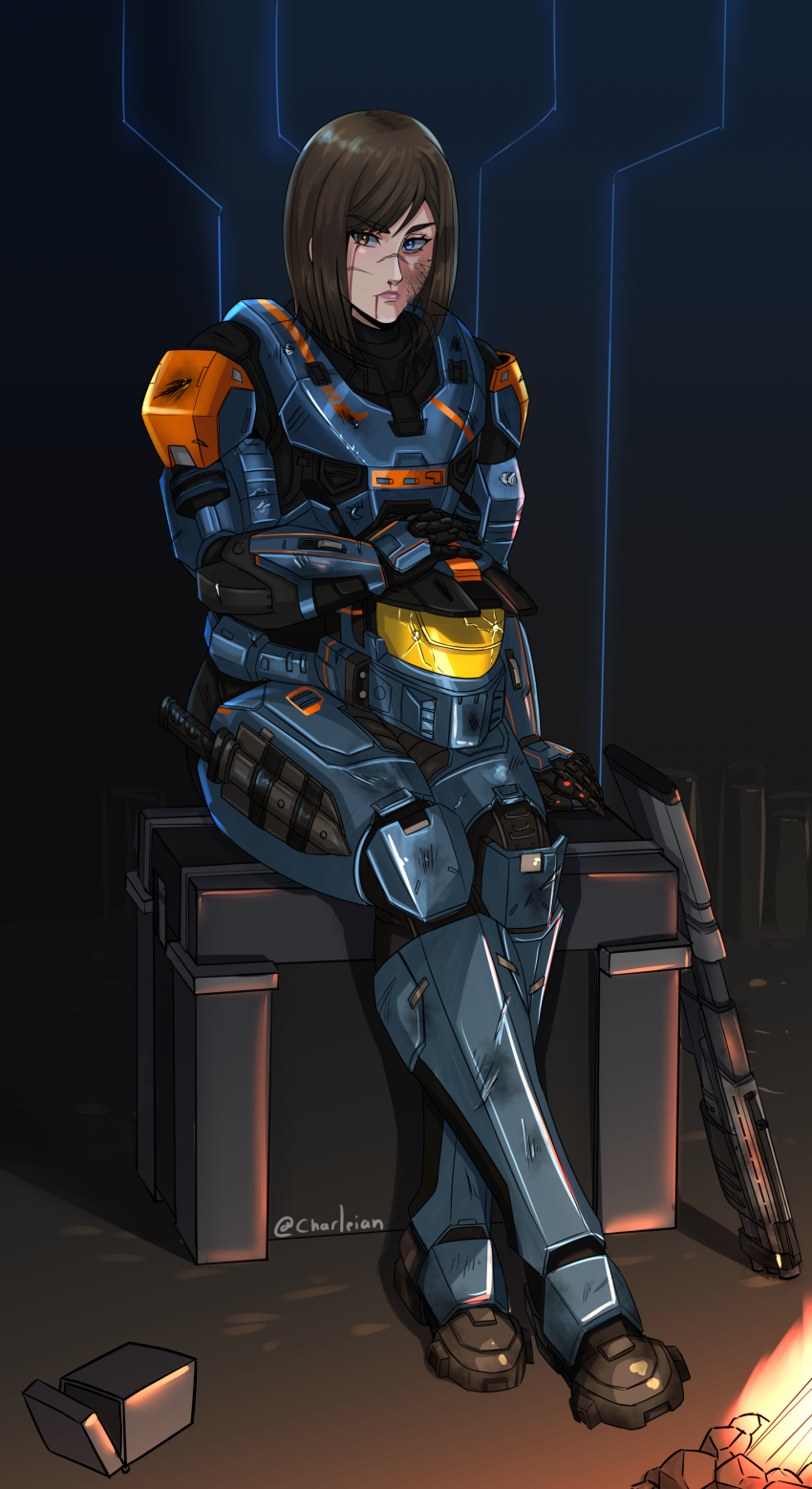 1girl absurdres armor blood blood_on_face blue_eyes brown_hair charleian commentary commission dagger english_commentary facial_scar full_body gun halo_(series) helmet heterochromia highres knife looking_at_viewer low_bore_axis_shotgun m90 orange_eyes pump-action_shotgun scar scar_on_cheek scar_on_face scar_on_nose sheath sheathed short_hair shotgun sitting solo spartan_(halo) twitter_username unworn_headwear unworn_helmet weapon