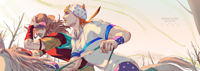 2boys beanie brown_hair cape green_lips gyro_zeppeli hand_on_headwear hat horse johnny_joestar jojo_no_kimyou_na_bouken long_hair multiple_boys sky slow_dancer_(jojo) star_(symbol) star_print steel_ball_run vm_(as92402) wristband