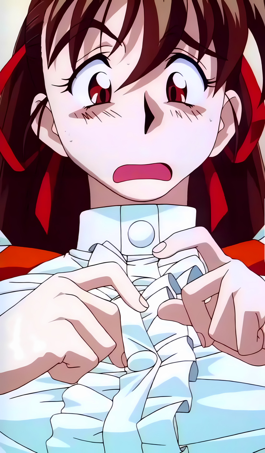1990s_(style) absurdres anime_screenshot anna_miller bow breasts brown_hair buttoning dressing embarrassed highres kimura_takahiro large_breasts long_hair looking_down recolor resized retro_artstyle shirt stitched takeuchi_yuka third-party_edit tight_clothes tight_shirt undressing upscaled variable_geo very_long_hair waitress waitress_uniform