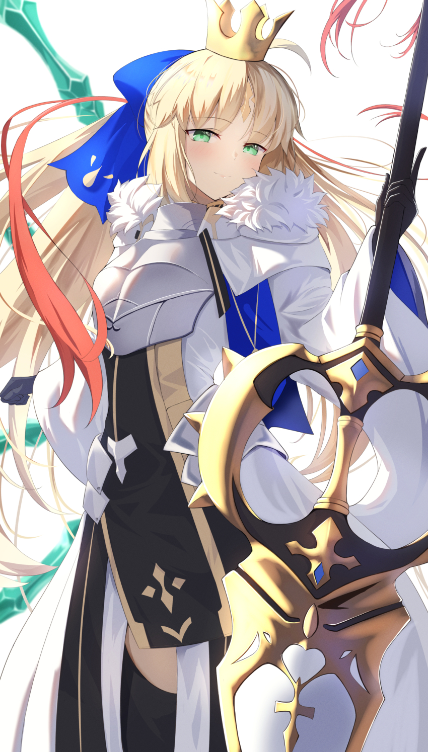 1girl absurdres ahoge armor armored_dress artoria_caster_(fate) artoria_caster_(third_ascension)_(fate) artoria_pendragon_(fate) black_gloves black_thighhighs blonde_hair blue_ribbon blush breastplate breasts capelet crown dress facial_mark fate/grand_order fate_(series) faulds forehead_mark fur-trimmed_capelet fur_trim gloves green_eyes hair_ribbon highres long_hair long_sleeves looking_at_viewer marmyadose_(fate) polearm ribbon small_breasts smile solo spear thighhighs thighs twintails umi_endu weapon white_capelet white_dress wide_sleeves