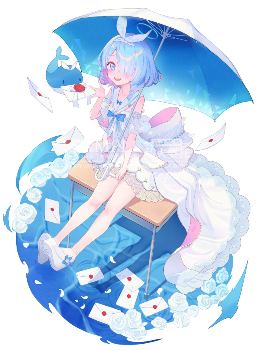 1girl alternate_costume arona_(blue_archive) bare_legs blue_archive blue_eyes blue_hair colored_inner_hair commentary desk dress flower hair_over_one_eye hand_up highres ice_(icepuli) letter looking_at_viewer looking_up multicolored_hair on_desk pink_hair rose sample_watermark simple_background sitting smile solo symbol-only_commentary umbrella watermark whale white_background white_dress white_flower white_footwear white_rose