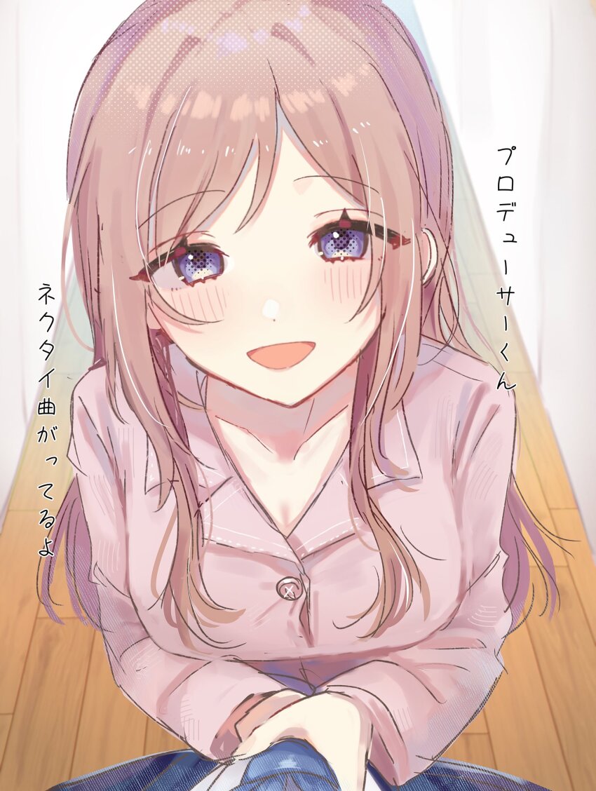 1boy 1girl adjusting_another&#039;s_clothes adjusting_clothes adjusting_necktie blue_eyes blue_necktie blush breasts brown_hair collarbone commentary_request gakuen_idolmaster hetero highres himesaki_rinami i0i_sayuu idolmaster long_hair looking_at_another medium_breasts necktie pajamas pink_pajamas pov producer_(idolmaster) smile straight_hair translation_request very_long_hair wooden_floor