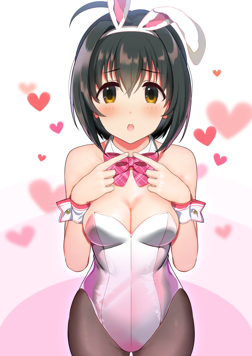 1girl absurdres ahoge animal_ears black_hair black_pantyhose bow bowtie breasts brown_eyes cleavage commentary_request cowboy_shot detached_collar highres idolmaster idolmaster_cinderella_girls index_fingers_together kohinata_miho leotard looking_at_viewer medium_breasts natsuya_(natuya777) pantyhose plaid_bow plaid_bowtie plaid_clothes playboy_bunny rabbit_ears red_bow red_bowtie short_hair solo white_leotard wrist_cuffs