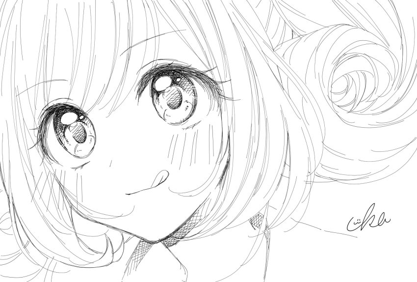 1girl :q blush bright_pupils cropped_torso greyscale highres idolmaster idolmaster_cinderella_girls looking_afar monochrome portrait sato_shin signature sketch solo tongue tongue_out twintails uika310p