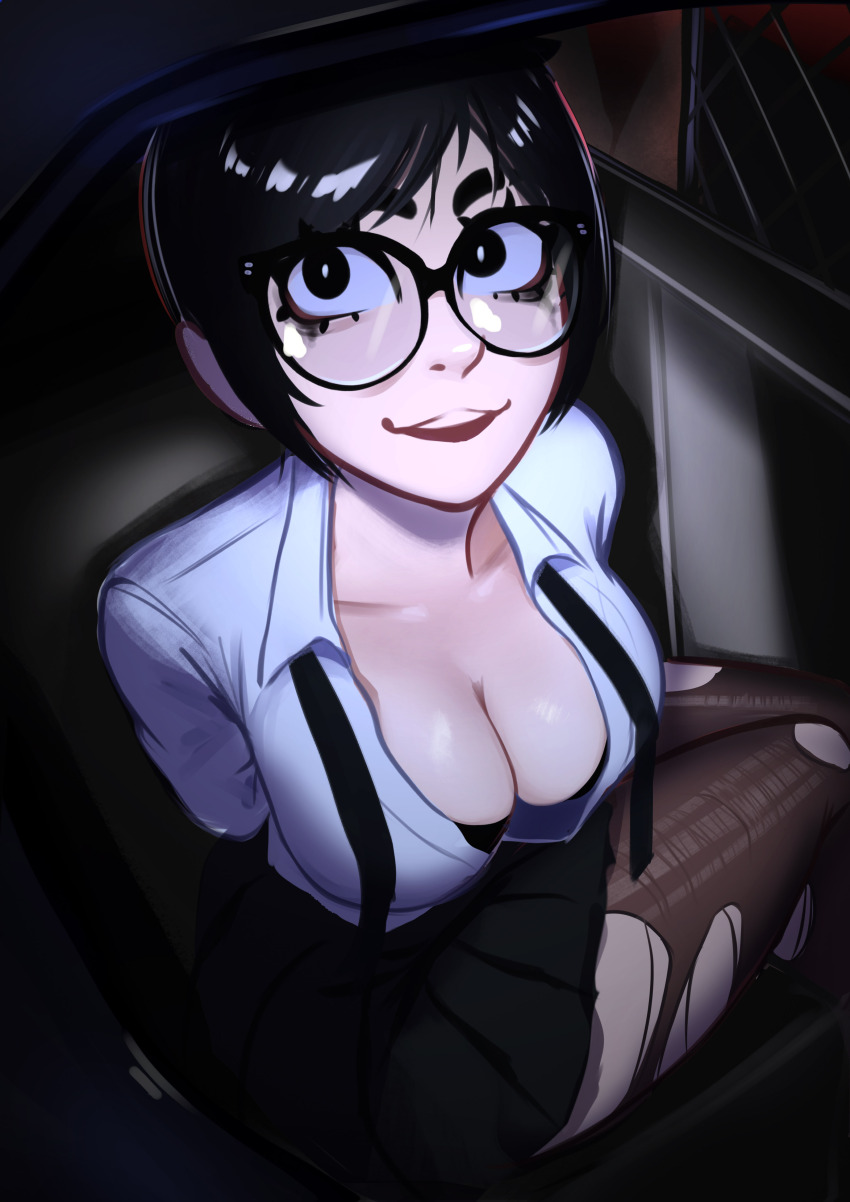 1girl absurdres arms_behind_back arrest black-framed_eyewear black_eyes black_hair black_necktie black_skirt breasts car car_interior collared_shirt dress_shirt from_above glasses highres large_breasts looking_up makeup motor_vehicle necktie night open_mouth original partially_unbuttoned police police_car ponytail pov rosen_(veyonis) runny_makeup shadow shirt sitting skirt smile solo teeth undone_necktie upper_teeth_only veyonis white_shirt wide-eyed