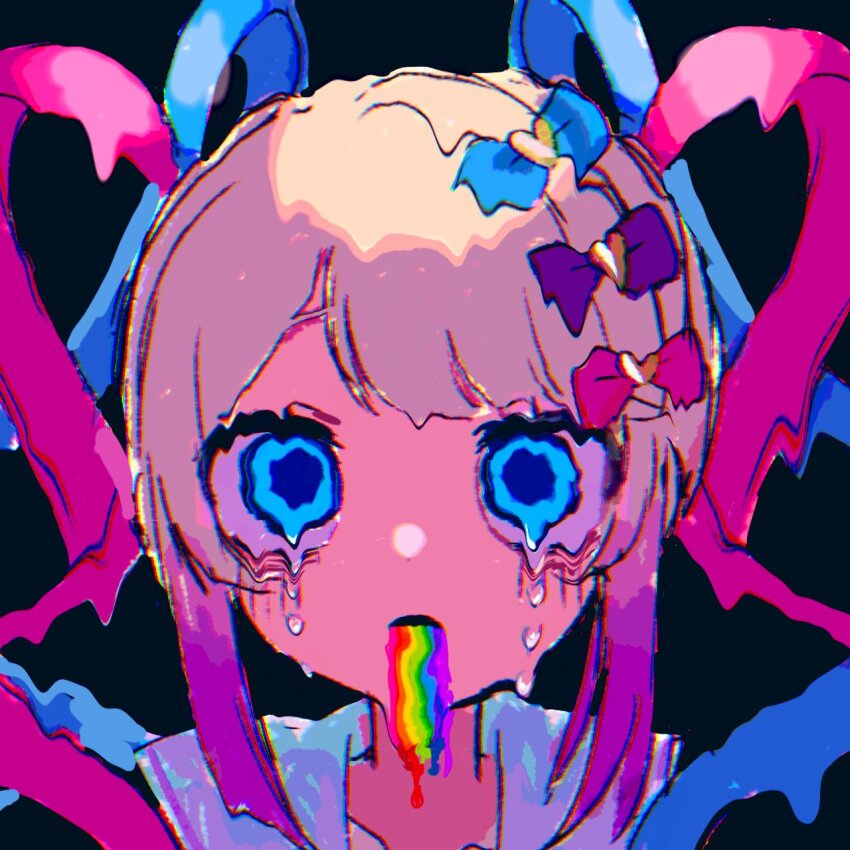 1girl black_background blonde_hair blue_bow blue_eyes blue_hair bow chouzetsusaikawa_tenshi-chan crying crying_with_eyes_open distortion hair_bow hair_ornament heart heart_hair_ornament highres long_hair looking_at_viewer madoro_nil melting melting_eyes multicolored_hair needy_girl_overdose pink_bow pink_hair portrait purple_bow purple_hair quad_tails solo tears twintails vomiting vomiting_rainbows