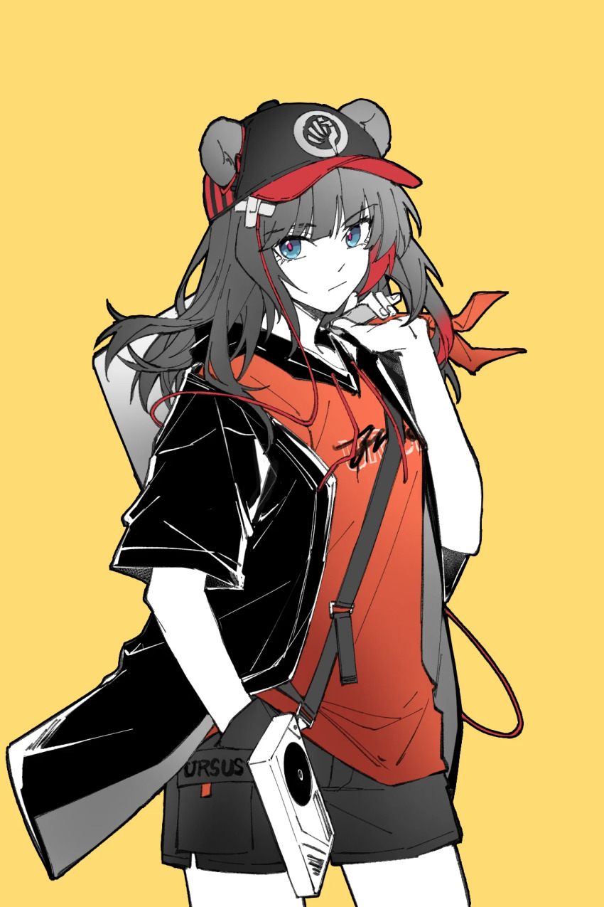 1girl animal_ears arknights bandaid bandaid_on_head black_hair black_hat black_jacket black_shorts blue_eyes chinese_commentary closed_mouth commentary_request cowboy_shot crossed_bandaids drawstring ears_through_headwear hand_in_pocket hat highres holding hood hood_down hoodie jacket long_hair looking_at_viewer multicolored_hair official_alternate_costume orange_hoodie partial_commentary peaked_cap piaoliu_ping_ping_ping_pingzi radio red_hair red_pupils short_shorts short_sleeves shorts simple_background solo standing streaked_hair yellow_background zima_(arknights) zima_(ursus)_(arknights)